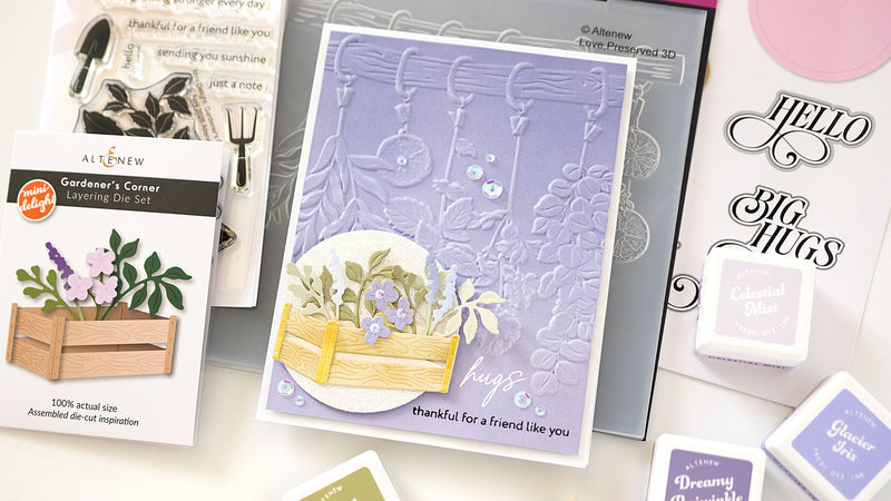 Garden Inspired cardmaking with the Love, Preserved 3D Embossing folder and the Mini Delight: Gardener's Corner