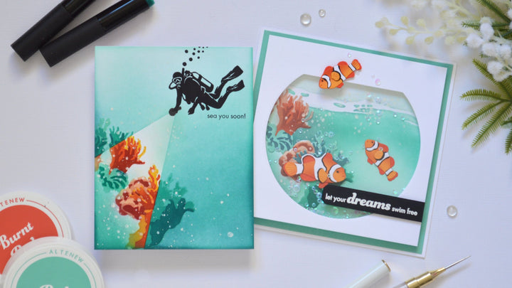 Two underwater cards by Therese Calvird featuring a fishbowl shaker card and spotlight reef technique