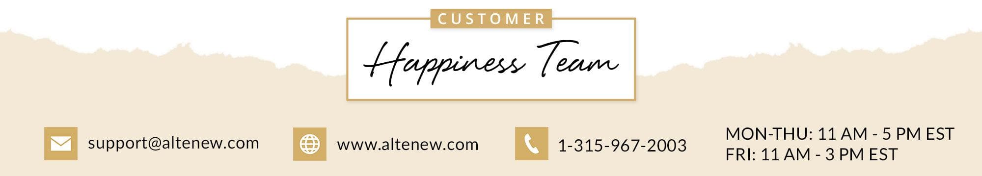 Customer Happiness Team. support@oltonew.shop, www.oltonew.shop, 1-315-967-2003. Monday to Thursday 11 AM to 5 PM EST, Friday 11 AM to 3 PM EST.