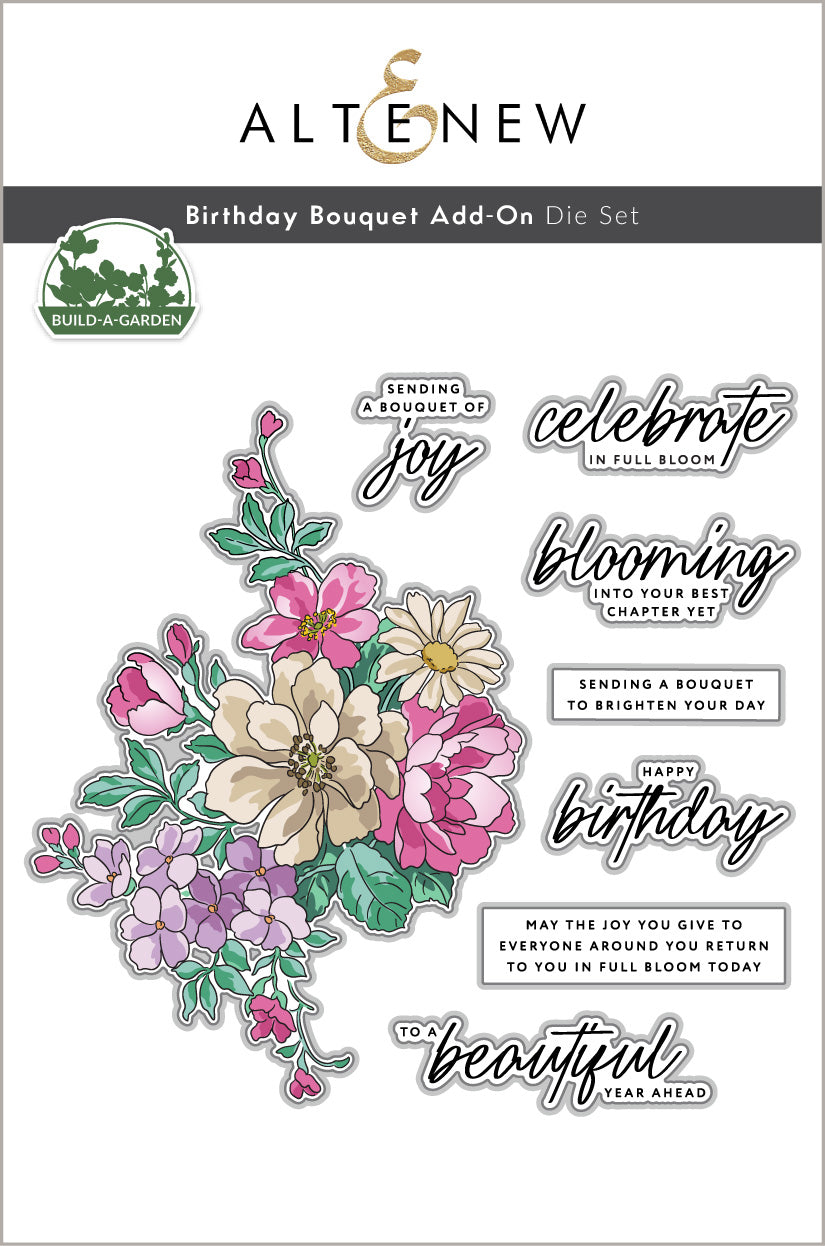 Build-A-Garden Birthday Bouquet Add-On Die Set by Altenew, showing metal dies for creating floral birthday card embellishments.