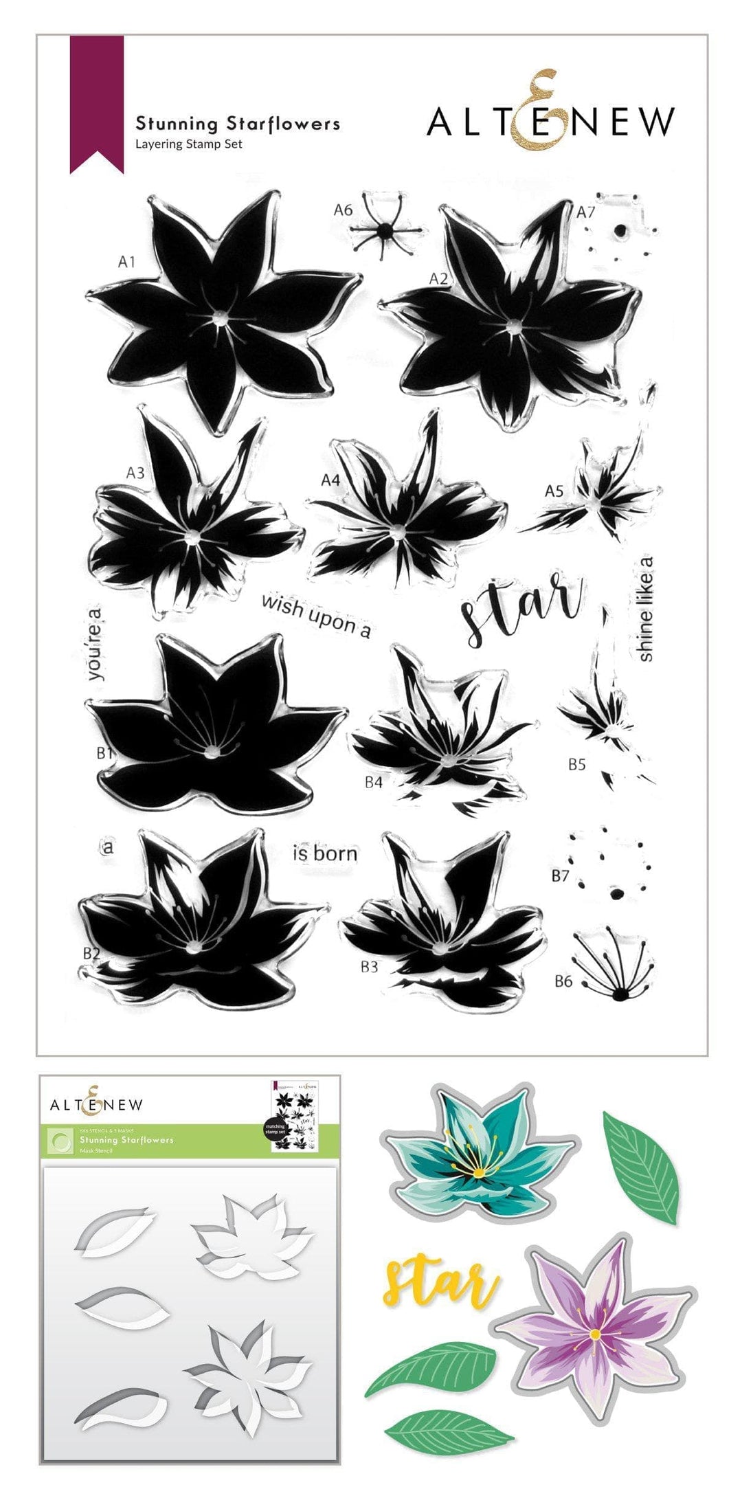 Altenew Stamp & Die & Stencil Bundle Stunning Starflowers Stamp & Die & Mask Stencil Bundle