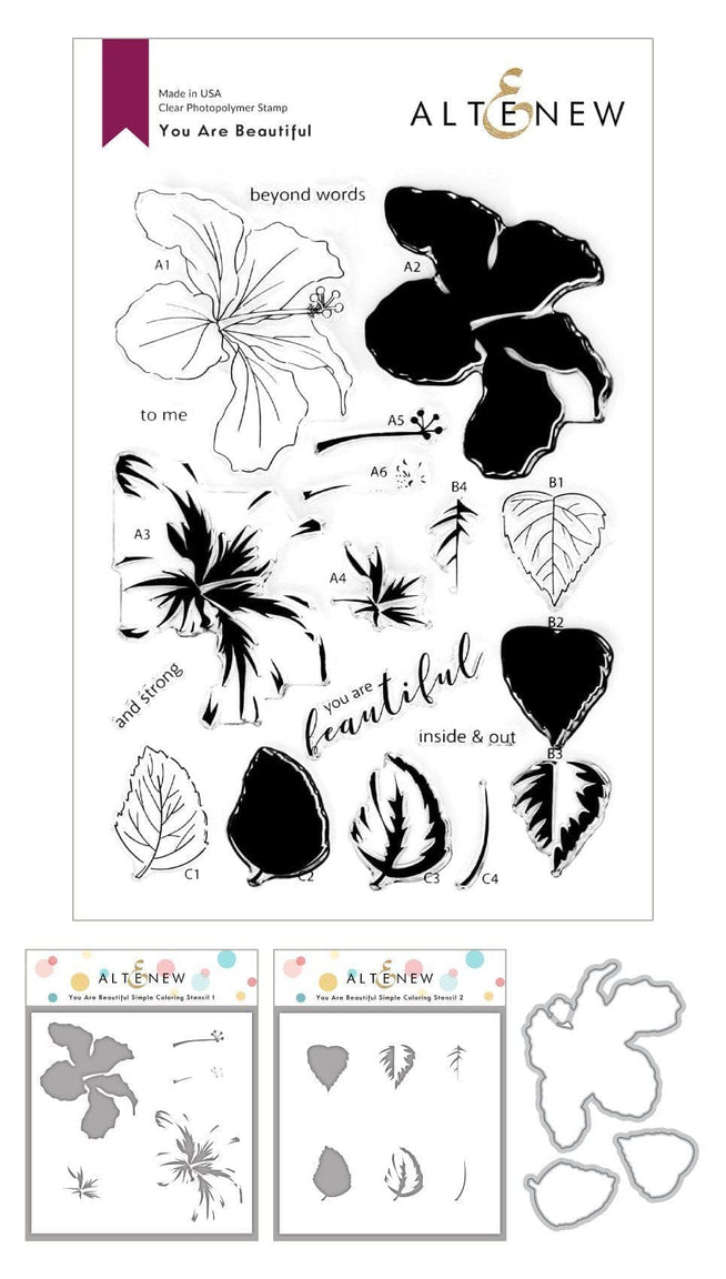 Altenew Stamp & Die & Stencil Bundle You Are Beautiful Stamp & Die & Coloring Stencil Bundle