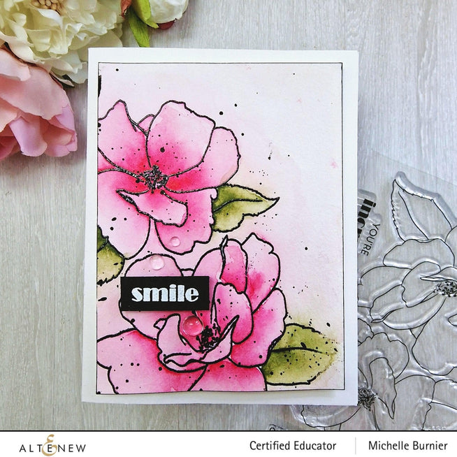 Altenew Stamp & Watercolor Bundle Paint-A-Flower: China Rose & Hawaiian Shores Brush & Fine Tip Pens Bundle