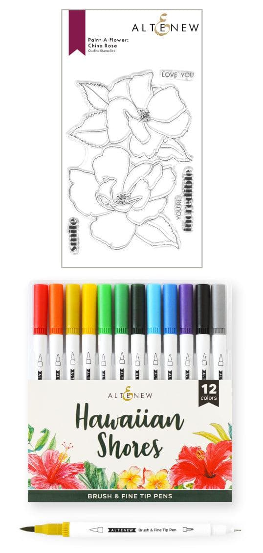 Altenew Stamp & Watercolor Bundle Paint-A-Flower: China Rose & Hawaiian Shores Brush & Fine Tip Pens Bundle