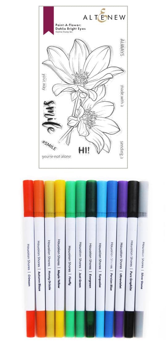 Altenew Stamp & Watercolor Bundle Paint-A-Flower: Dahlia Bright Eyes & Hawaiian Shores Brush & Fine Tip Pens Bundle