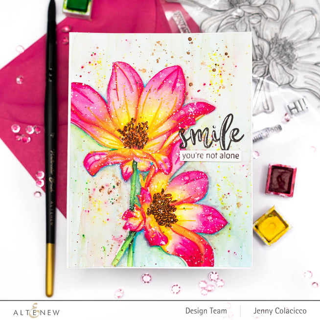 Altenew Stamp & Watercolor Bundle Paint-A-Flower: Dahlia Bright Eyes & Hawaiian Shores Brush & Fine Tip Pens Bundle