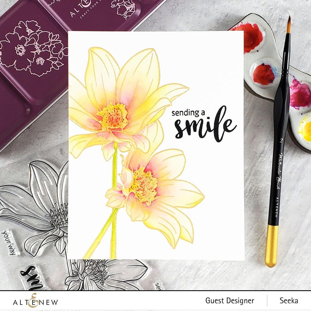 Altenew Stamp & Watercolor Bundle Paint-A-Flower: Dahlia Bright Eyes & Hawaiian Shores Brush & Fine Tip Pens Bundle