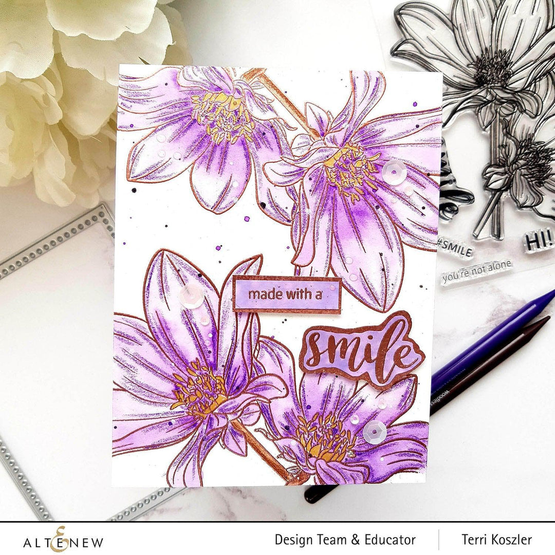 Altenew Stamp & Watercolor Bundle Paint-A-Flower: Dahlia Bright Eyes & Hawaiian Shores Brush & Fine Tip Pens Bundle