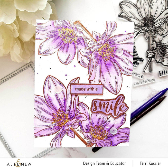 Altenew Stamp & Watercolor Bundle Paint-A-Flower: Dahlia Bright Eyes & Hawaiian Shores Brush & Fine Tip Pens Bundle