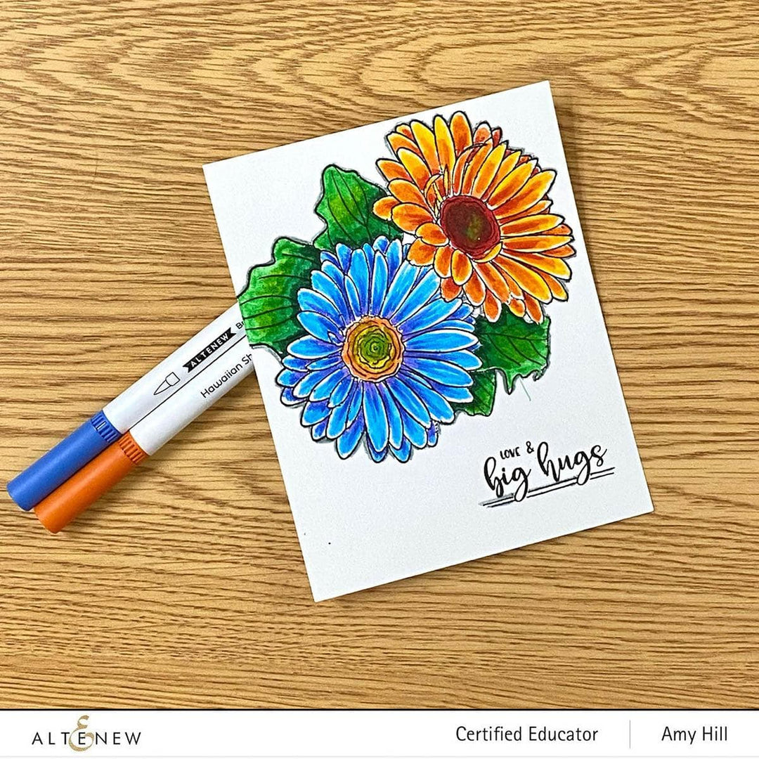 Altenew Stamp & Watercolor Bundle Paint-A-Flower: Gerbera Revolution & Hawaiian Shores Brush & Fine Tip Pens Bundle
