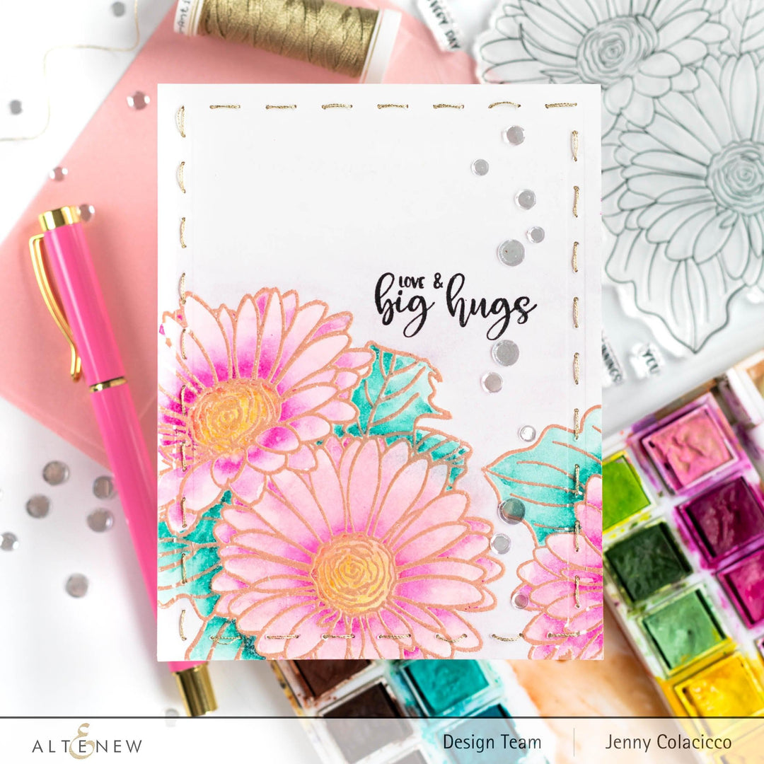 Altenew Stamp & Watercolor Bundle Paint-A-Flower: Gerbera Revolution & Hawaiian Shores Brush & Fine Tip Pens Bundle
