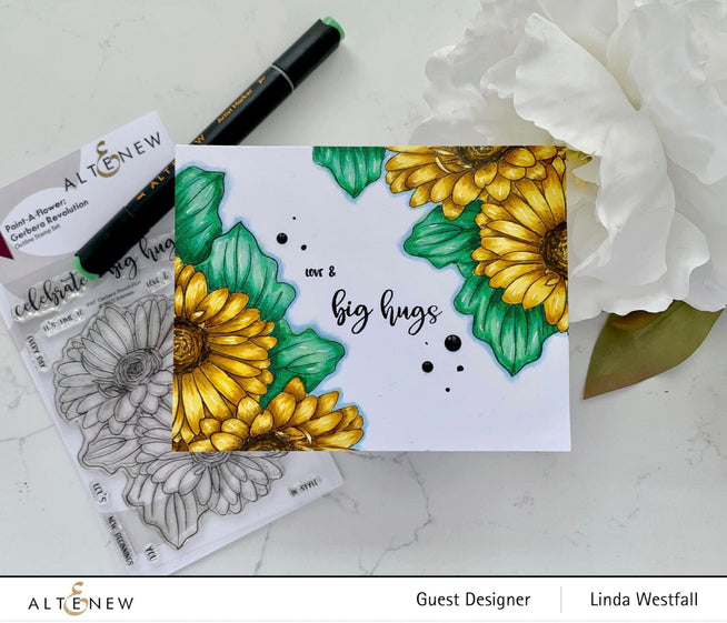 Altenew Stamp & Watercolor Bundle Paint-A-Flower: Gerbera Revolution & Hawaiian Shores Brush & Fine Tip Pens Bundle