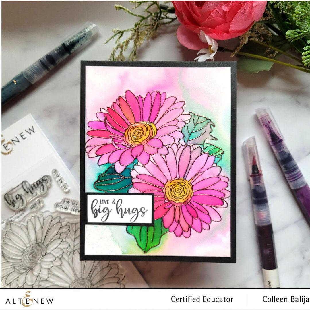 Altenew Stamp & Watercolor Bundle Paint-A-Flower: Gerbera Revolution & Hawaiian Shores Brush & Fine Tip Pens Bundle
