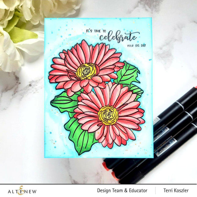 Altenew Stamp & Watercolor Bundle Paint-A-Flower: Gerbera Revolution & Hawaiian Shores Brush & Fine Tip Pens Bundle
