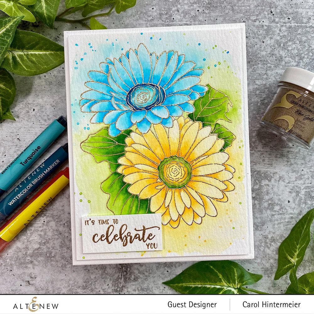 Altenew Stamp & Watercolor Bundle Paint-A-Flower: Gerbera Revolution & Hawaiian Shores Brush & Fine Tip Pens Bundle